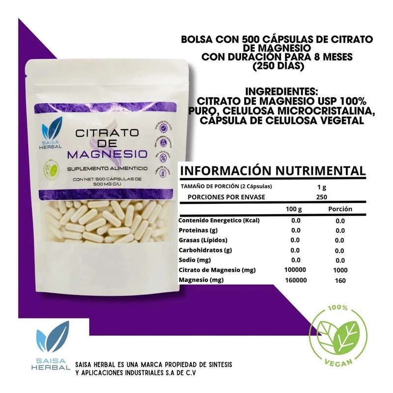 Citrato De Magnesio Y Citrato De Potasio 500 Cáps Cu