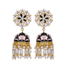 Crunchy Fashion Bollywood Jewelry Traditional Ethnic Bridal Bride Wedding Gold Plated Indian Designer Kundan Studded Black Floral Meenakari Jhumka Jhumki Earrings For Women