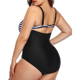 Daci - Traje de baño de una pieza con corte de talla grande para mujer, con control de abdomen, cuello en V, monokini, Rayas y Negro, 16 Plus