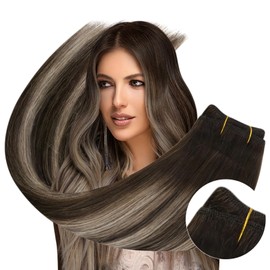 Ugeat Balayage Sew in Hair Extensions Real Human Hair 16 Inch Weft Hair Extensions Human Hair Dark Brown Mix Ash Brown Ombre Invisible Sew in Weft Human Hair Extensions for Women 100g
