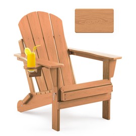 Serique Folding Adirondack Chair, Patio Chair Wood Texture, Outdoor Chair Weather Resistant, Lawn Chair with Cup Holder, Fire Pit Chair for Deck, Outdoor, Porch, Backyard, Garden (Teak)