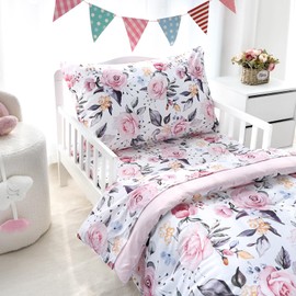 Toddler Bedding Set for Girls, 4 Piece Soft & Breathable Floral Crib Bedding Set, Bed-in-A-Bag Toddler Microfiber Sheet Set, Includes Comforter, Flat Sheet, Fitted Sheet, Pillowcase, Pink