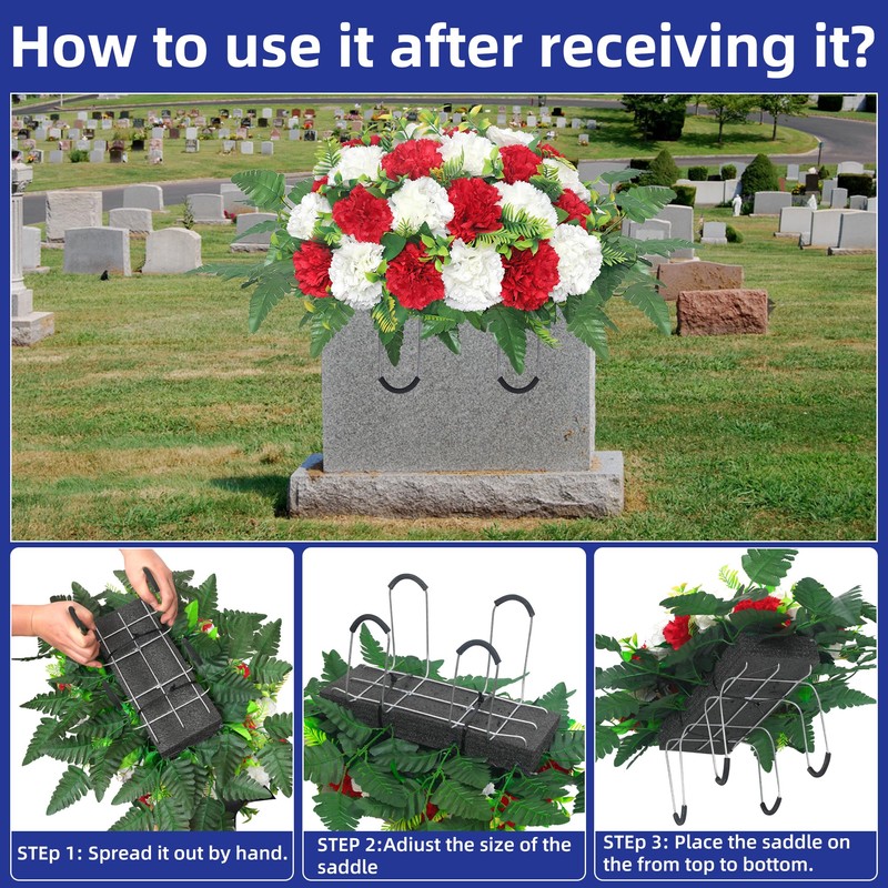 LOSFOTBO Artificial Cemetery Silk Flowers Saddle,Carnation Cemetery Headstone Flower Saddle,Memorial