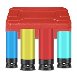 ZOYAKKI 1/2" Drive Wheel Protector Impact Socket,4 PCS Metric Size 17-19-21-22mm,Non-Marring Lug Nut Thin Wall Deep Socket Set, CR-MO, 6 Point, Color-Coded Protective Socket