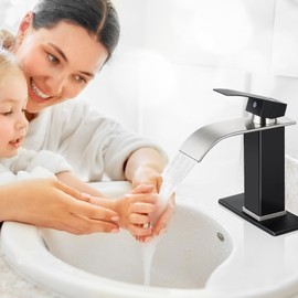 Qomolangma Waterfall Bathroom Faucet, Black and Brushed Nickel Modern Single Handle Bathroom Faucets for 1 or 3 Hole Bathroom Sink Faucet Mixer Tap Washbasin Faucet with Deck, Pop-up Drain