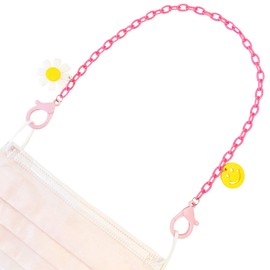 Pink Plastic Chain Mask Lanyard Necklace Holder with Daisy and Smiley Face Charms, Lightweight and Easy to Use Plastic Lobster Clasps, Cute Face Mask Strap for Girls and Women (Pink)