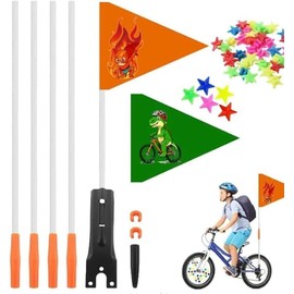FULHANY 3 x bicycle flag – bicycle flag – bicycle flag child – 5 flagpoles, cycling dinosaur and flame monkey flags, 36 pentagram bike spokes