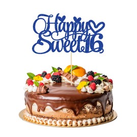 Decoración para tartas de 16 cumpleaños con purpurina para 16 años, decoración para tartas de 16 años, color azul oscuro