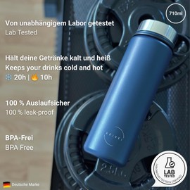 Abjoki "Neo" Stainless Steel Drinking Bottle, 710 ml, Dark Blue, Double-Walled & Vacuum Insulated, Thermal Flask, BPA-Free, Leak-Proof, Plus Two-in-One Lid with Straw and Drinking Opening
