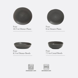Gibson Elite Zion Mist 16 Piece Stoneware Reactive Glaze (Service for 4) Ceramic Plates and Bowls Modern Organic Dinnerware Set - Black