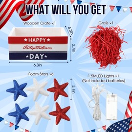 GlikCeil 9 Pcs 4th of July Tiered Tray Decor Mini Wooden Crate with 6 Foam Stars LED Light and Raffia Happy Patriotic Tabletop Centerpiece for Table Mantel Shelf Home Decor Independence Day Gifts