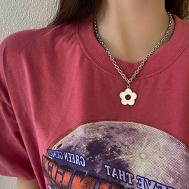 Cimenexe Bohemian Flower Choker Necklace Silver Hollow Flower Pendant Necklace Minimalist Flower Collar Necklace Punk Flower Paper Clip Chain Necklace Jewellery for Women and Girls Gifts, Zinc, No