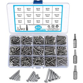 400 Pcs M3/M3.5/M4 Wood Screws, Torx Head Pan Head Self Tapping Screws, Stainless Steel Flat Head Drywall Screws Assortment Kit for Wood, with 3 Pcs Bits (400 Silver)