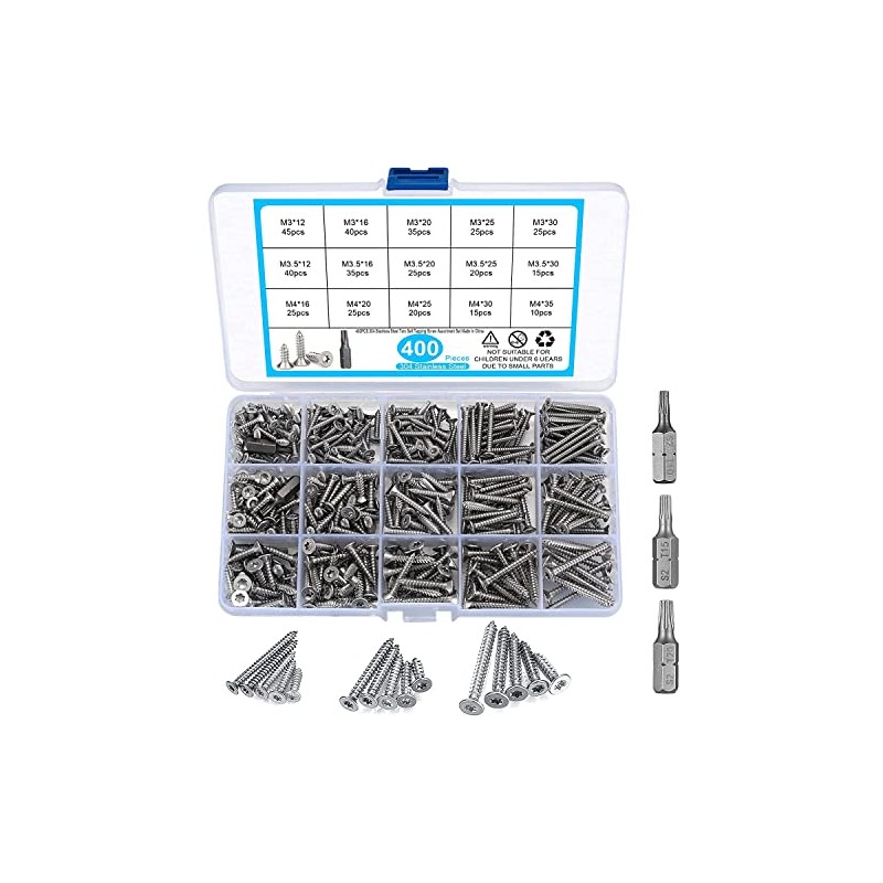 400 Pcs M3/M3.5/M4 Wood Screws, Torx Head Pan Head Self