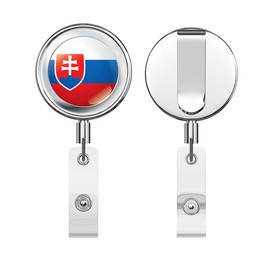 Slovakia Flag Glossy Silver Label Round ID Badge Key Card Tag Holder Badge Retractable Reel Badge Holder with Belt Clip