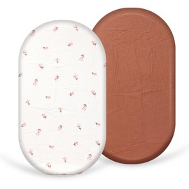 Baby Bassinet Sheets 2 Pack, Breathable Cozy Elastic Travel Crib Fashionable Floral Pattern Fitted Mattress Sheet, Standard Cradle Safe Sheets 32"X16" (Dark Brown + Cherry)