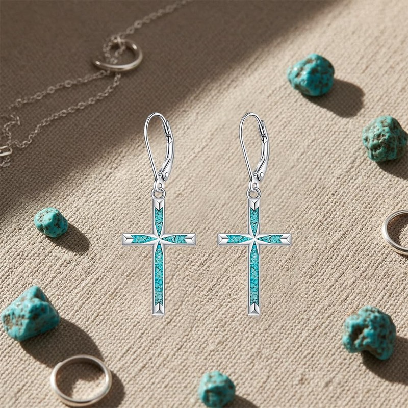 Cross Earrings for Women Sterling Silver Cross Earrings Dangle Turquoise