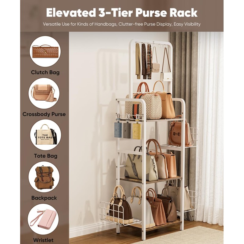 Tuohours 3-Tier Tall Purse Organizer Rack Stand, Floor-Standing Bag Storage