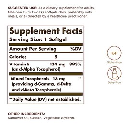 Solgar | Vitamina E 134 mg (200 UI) mixtas (d-alfa tocoferol y tocoferoles mixtos) | Vitamin E 134 mg (200 IU) Mixed (d-Alpha Tocopherol & Mixed Tocop