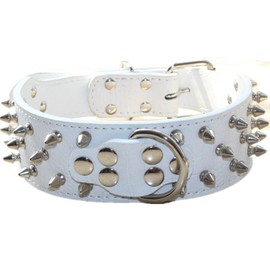 haoyueer Spiked Leather Dog Collar Bullet Rivets Studded 2 Inch Width Stylish Leather Dog Collars for Medium & Large Dogs Pitbull(White,XL)