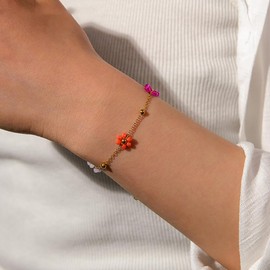 IMINI Daisy Flower Bracelet for Women Girls 18K Gold-Plated Stainless Steel Colourful Flowers Link Chain Bracelets Boho Beach Summer Jewellery, Stainless Steel