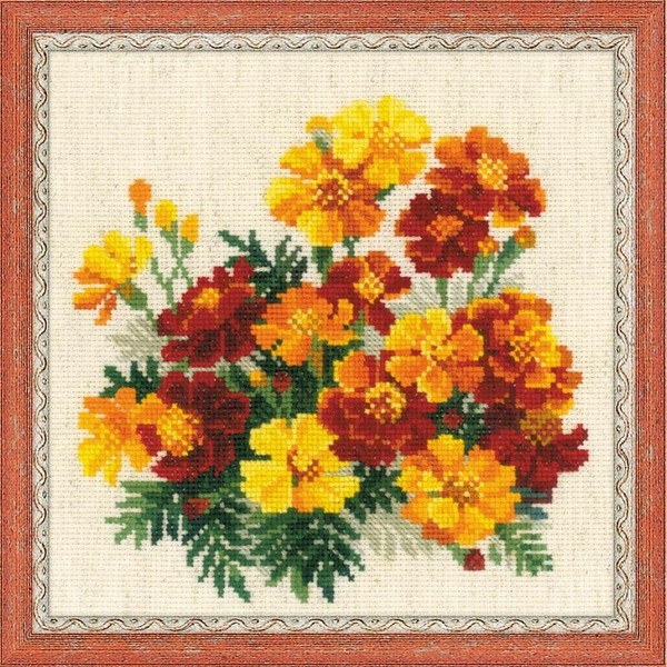 RIOLIS 1556 - Marigolds - Counted Cross Stitch Kit 7¾" x 7¾" Zweigart 14ct. Flaxen AIDA 15 Colors