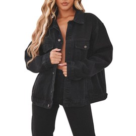 DvaeMalligo Jean Jacket Women Distressed Vintage Button Down Long Sleeve Oversized Denim Shacket Trucker Jean Jackets Black XL