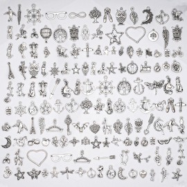 Tikplus Pack of 150 Charms Pendants, for Jewellery Crafts, Mixed Pendant Chain and Vintage Aesthetic, Bracelet, Earrings, Necklace, cupronickel