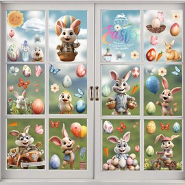121 Pcs Easter Window Clings Happy Easter Decorations Double Sided Stickers with Bunny Egg 2024 Kids Toddlers Holiday Decals for Glass Wall Classroom Indoor Office Home Outside, 9 Sheet