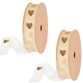 2 Rolls Heart Printed Satin Ribbon Gold Gift Ribbon Snow Yarn Ribbon for Crafts, Gift Wrapping, Flowers, Wedding Party, Bridal Jewellery (1.5 cm x 9 m)