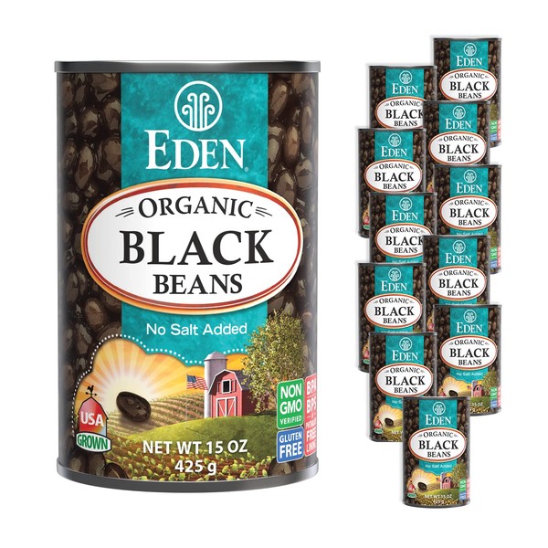 Eden Organic Black Beans, 15 oz Can (12-Pack Case), No Salt Added, Non-GMO, U.S Grown, Heat and Serve, Macrobiotic, Turtle Beans, Frijol Negro, Caviar Criollo