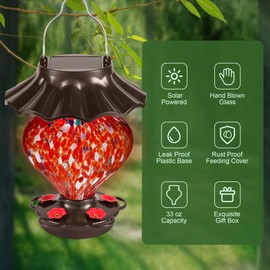 Solar Heart-Shaped Hummingbird Feeder for Outdoors Hanging, Hand-Blown Glass, 33 fl.oz, Leak-Proof & Rustproof, Includes 2 Hanging Hooks, Unique Garden Decor with Solar-Powered LED, Red