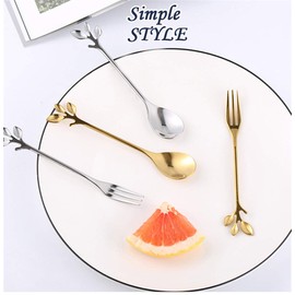 Turbokey Coffee Spoon Fork 4 Pack(2 Spoons 2 Forks),Silver Leaf Retro Dessert Coffee Small Spoon Cocktail Picks Fruit Fork Flatware,4.7 Inches Stainless Steel Tea Spoon Set (Silver4)