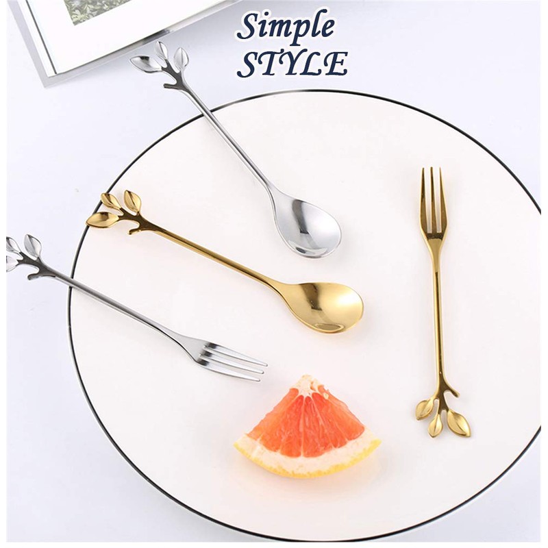 Turbokey Coffee Spoon Fork 4 Pack(2 Spoons 2 Forks),Silver Leaf