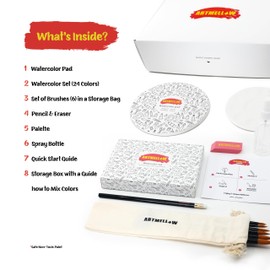 ARTMELLOW Watercolor Paint Kit - All in One Watercolor Starter Set for Kids or Adults with 24 Colors, Watercolor Paper Pad, Watercolor Brushes - Kids Painting Set Art Supplies for All Ages Gift Set