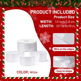 FAKILO Satin Wired Ribbon Wire Edged Christmas Ribbon for Gift Wrapping Christmas Tree Decoration Bows Making Wreath DIY Crafts Holiday and Home Decor (White, 38mm X 18m)
