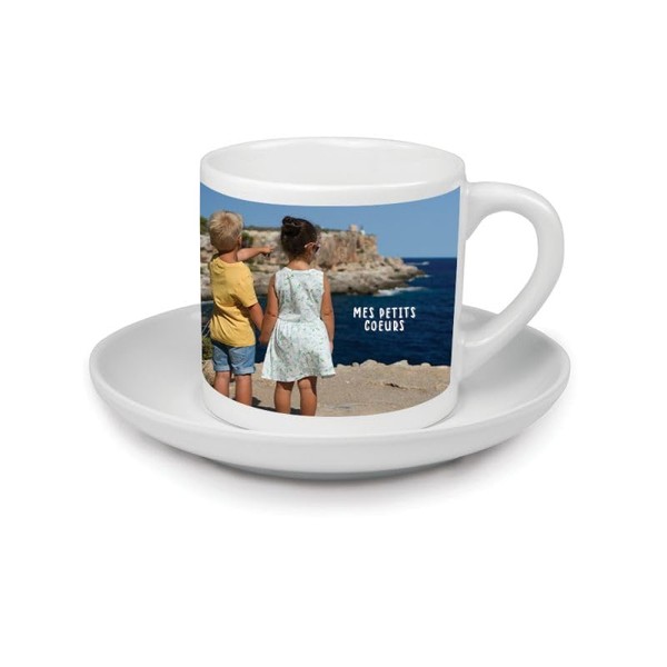 DECOHO - Personalised Espresso Small Coffee Cup + Saucer · Customisable with Text and Photo - Height: 8 cm