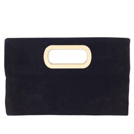 Top Handle Faux Suede Clutch, Black Large