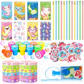 Giegxin 110 Pcs Axolotl Party Favors Axolotl Birthday Party Supplies Cute Animal Mini Notebooks Pens Stamps Bracelets Stickers Organza Bags Set for Birthday Gifts Office School Classroom Rewards
