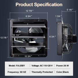 Hiorucet 10" Wall Mounted Shutter Exhaust Fan with Speed Controller and Power Cord Kit, Adjustable Temperature Thermostat with fire shut off fuse, 60HZ, 36W, Copper Motor, Automatic Shutter Attic Fan