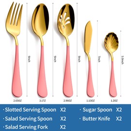 Moxinox 10-Piece Pink & Gold Flatware Serving Set, 18/0 Stainless Steel Colorful Handle, Includes Serving Fork, Solid & Pierced Serving Spoon, Sugar Spoon,Butter Knife,Mirror Polished,Dishwasher Safe