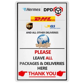 Leave packages here weatherproof signs, 20 cm x 30 cm metal signs, package delivery decoration for the front door. Leave Package Here Metal Tin Sign (EN on the right side 2313)
