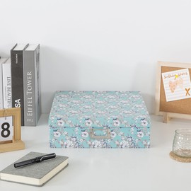 Soul & Lane Photo Storage Box with Lid, 14.8 × 13.0 × 3.7 Inches, Floral Keepsake Memory Organizer, Cardboard Storage for Photo Albums, Scrapbooks, Artwork, Stationary, Memorabilia, Blue Cottage