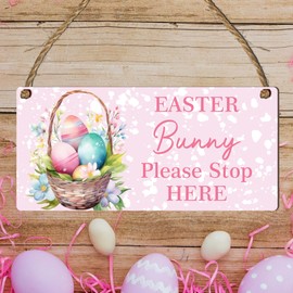 Easter Bunny Welcome Wooden Plaque - Handcrafted Egg Basket Design on Pink Background, Rectangle Spring Decor for Home Adornment, Customisable Display for Festive Charm, Gift or Hamper Decoration