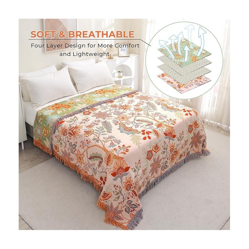 HOORDRY 4-Layer Cotton Gauze Blanket - Reversible, Bohemian Style with