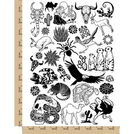Desert Cactus Animals Southwestern Temporary Tattoo Water Resistant Fake Body Art Set Collection - Black (One Sheet)