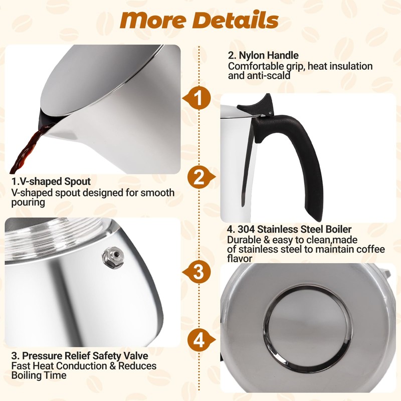 Vaolvpant No Coating 9 Cup Thickened 304 Stainless Steel Moka