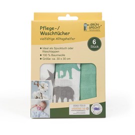 GRÜNSPECHT Care / Wash Cloths 30 x 30 cm 100% Cotton Burp Cloths, Wash Cloths without Optical Brighteners, Skin-Friendly & Absorbent, Pack of 6, Green, Stars, Elephants (1501-V4)