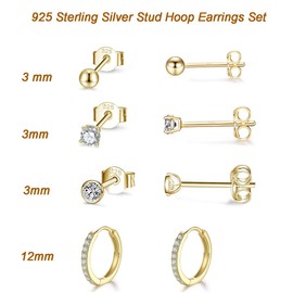 Gulicx 4Pairs Silver 14K GoldPlated Stud Hoop Earrings for Women/Girls/Boys, Hypoallergenic 925 SterlingSilver Small 3mm RoundBall Cubic Zirconia Stud Earrings 12mm Cartilage Sleeper Hoops EarringsSet