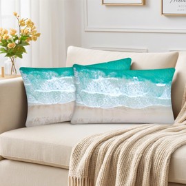 Kerton Stork Beach Lumbar Pillow Covers 12X20, Summer Soft Throw Pillows for Couch, Blue and Green Decorative Couch Pillow Covers for Bedroom Living Room, Beach